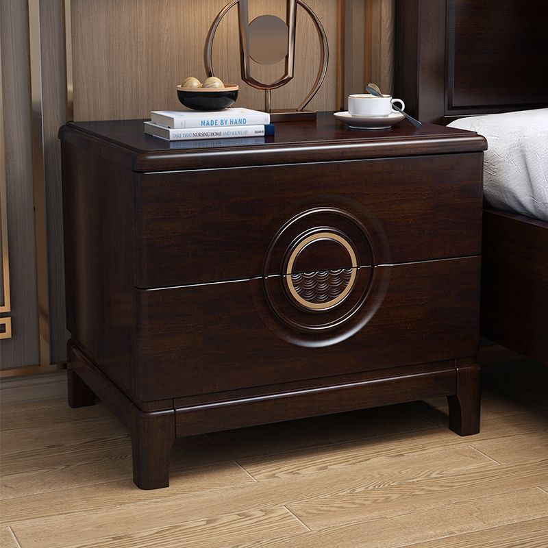 Traditional Chinese Rectangular Solid Wood Metal 2-Drawer Nightstand For Bedroom