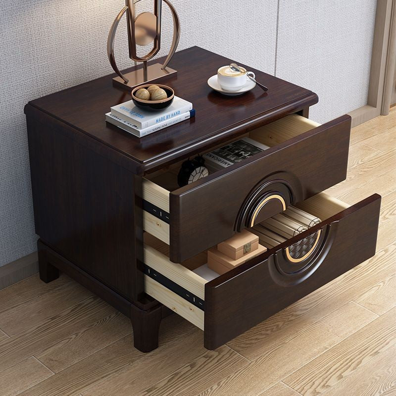 Traditional Chinese Rectangular Solid Wood Metal 2-Drawer Nightstand For Bedroom