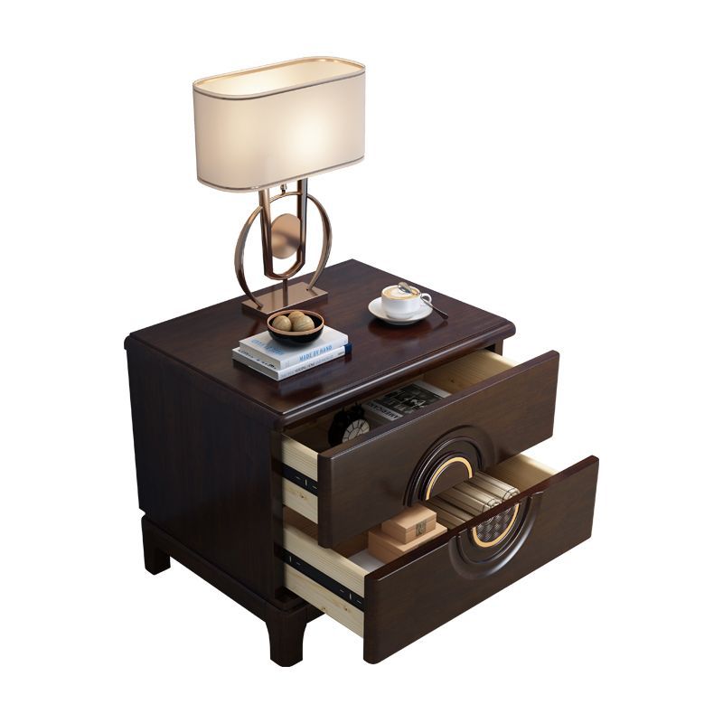 Traditional Chinese Rectangular Solid Wood Metal 2-Drawer Nightstand For Bedroom