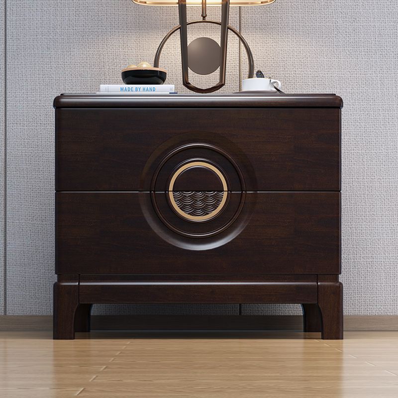 Traditional Chinese Rectangular Solid Wood Metal 2-Drawer Nightstand For Bedroom