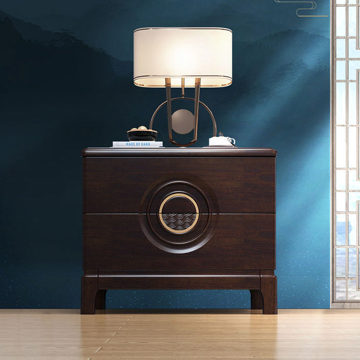 Traditional Chinese Rectangular Solid Wood Metal 2-Drawer Nightstand For Bedroom