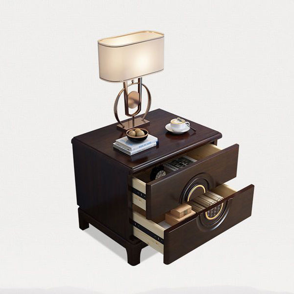 Traditional Chinese Rectangular Solid Wood Metal 2-Drawer Nightstand For Bedroom