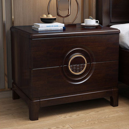 Traditional Chinese Rectangular Solid Wood Metal 2-Drawer Nightstand For Bedroom