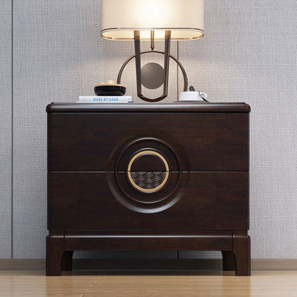 Traditional Chinese Rectangular Solid Wood Metal 2-Drawer Nightstand For Bedroom