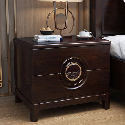 Traditional Chinese Rectangular Solid Wood Metal 2-Drawer Nightstand For Bedroom