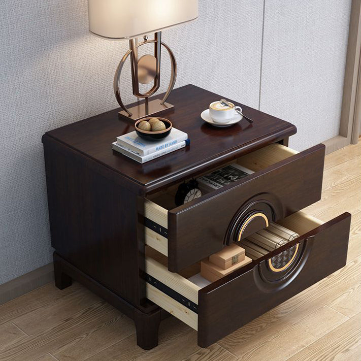 Traditional Chinese Rectangular Solid Wood Metal 2-Drawer Nightstand For Bedroom