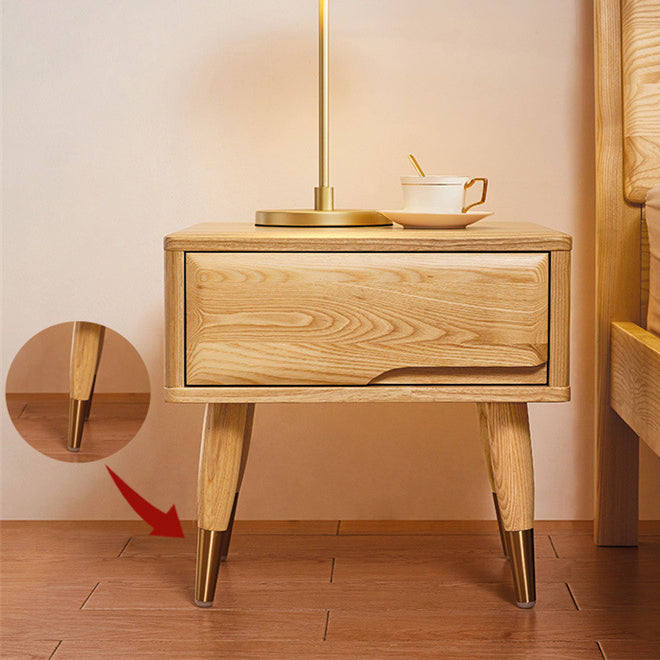 Modern Mid-Century Rectangular Ash Wood Brass Nightstand 1/2 Drawer For Bedroom