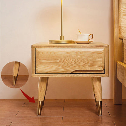 Modern Mid-Century Rectangular Ash Wood Brass Nightstand 1/2 Drawer For Bedroom