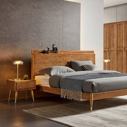 Modern Mid-Century Rectangular Ash Wood Brass Nightstand 1/2 Drawer For Bedroom