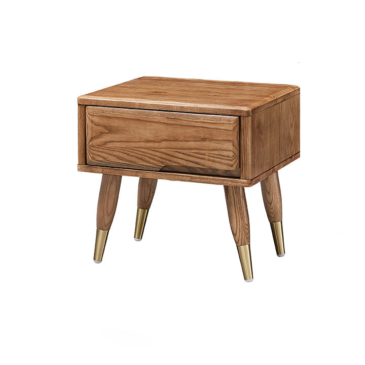Modern Mid-Century Rectangular Ash Wood Brass Nightstand 1/2 Drawer For Bedroom