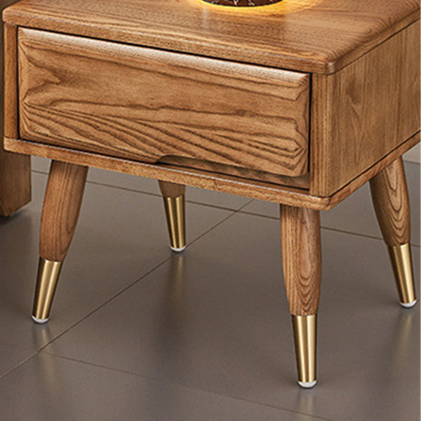 Modern Mid-Century Rectangular Ash Wood Brass Nightstand 1/2 Drawer For Bedroom
