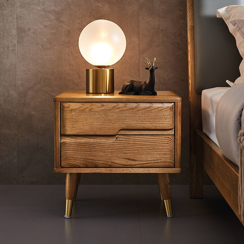 Modern Mid-Century Rectangular Ash Wood Brass Nightstand 1/2 Drawer For Bedroom