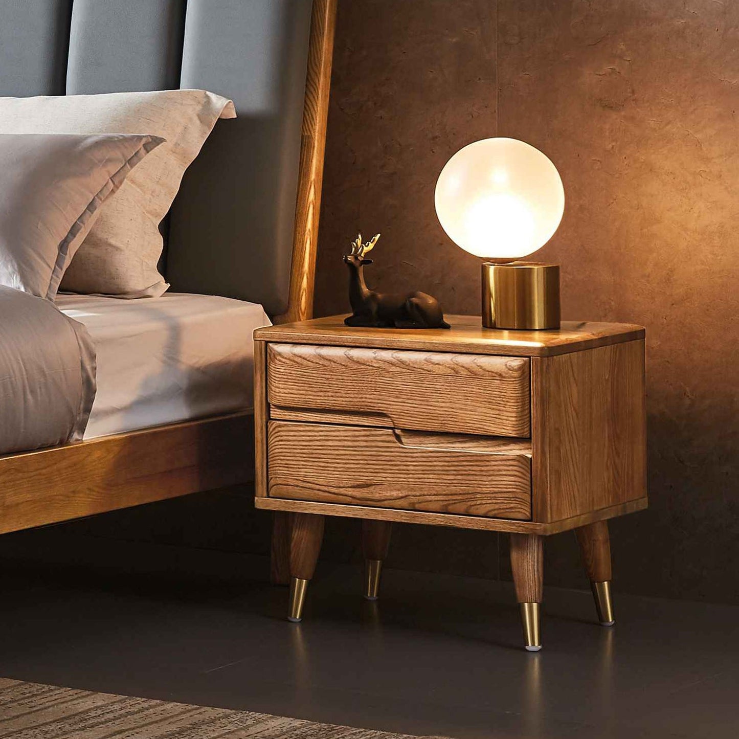 Modern Mid-Century Rectangular Ash Wood Brass Nightstand 1/2 Drawer For Bedroom