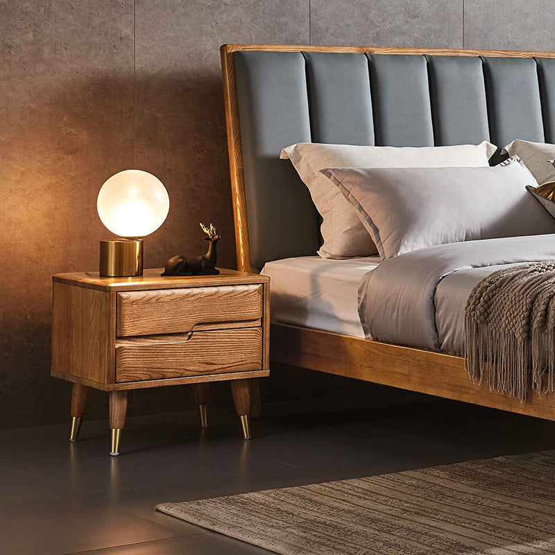 Modern Mid-Century Rectangular Ash Wood Brass Nightstand 1/2 Drawer For Bedroom