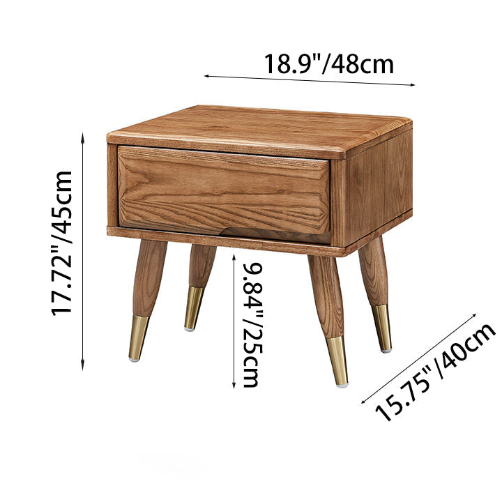 Modern Mid-Century Rectangular Ash Wood Brass Nightstand 1/2 Drawer For Bedroom