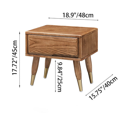 Modern Mid-Century Rectangular Ash Wood Brass Nightstand 1/2 Drawer For Bedroom