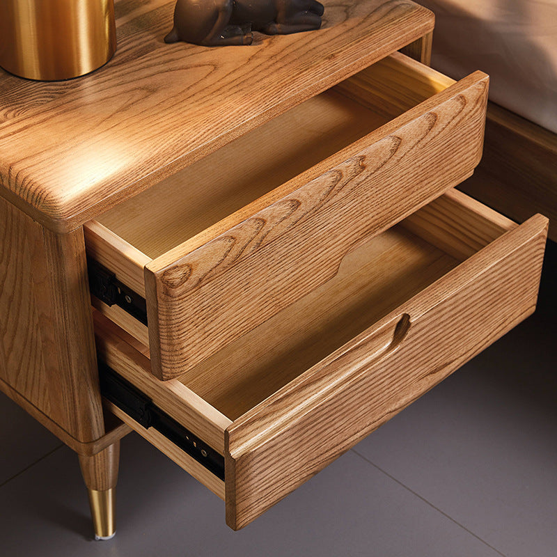 Modern Mid-Century Rectangular Ash Wood Brass Nightstand 1/2 Drawer For Bedroom