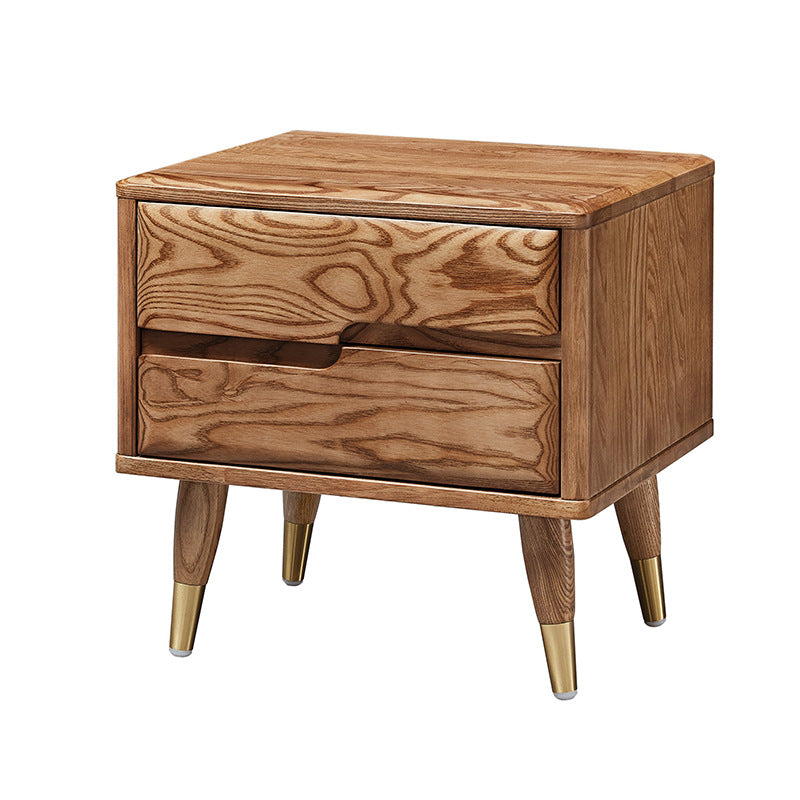 Modern Mid-Century Rectangular Ash Wood Brass Nightstand 1/2 Drawer For Bedroom
