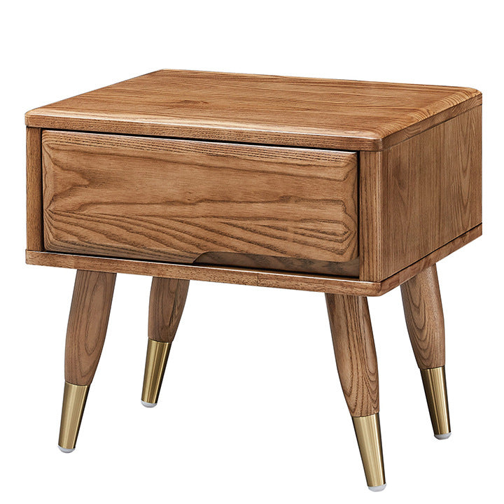 Modern Mid-Century Rectangular Ash Wood Brass Nightstand 1/2 Drawer For Bedroom