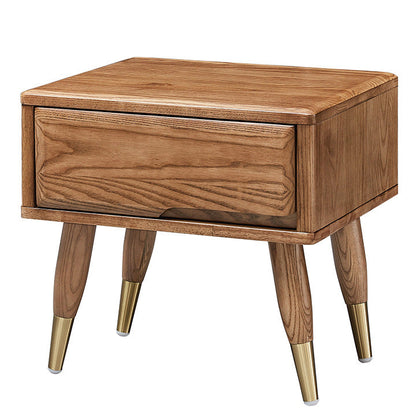 Modern Mid-Century Rectangular Ash Wood Brass Nightstand 1/2 Drawer For Bedroom
