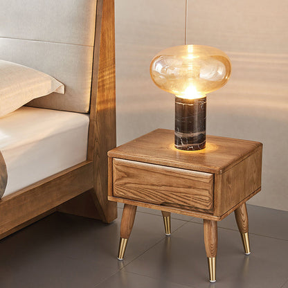 Modern Mid-Century Rectangular Ash Wood Brass Nightstand 1/2 Drawer For Bedroom