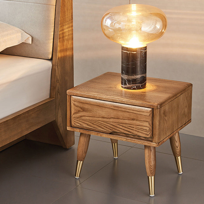 Modern Mid-Century Rectangular Ash Wood Brass Nightstand 1/2 Drawer For Bedroom