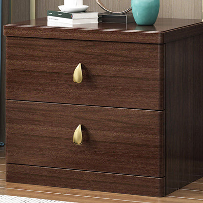 Traditional Chinese Rectangular Solid Wood Brass Nightstand 2-Drawer For Bedroom