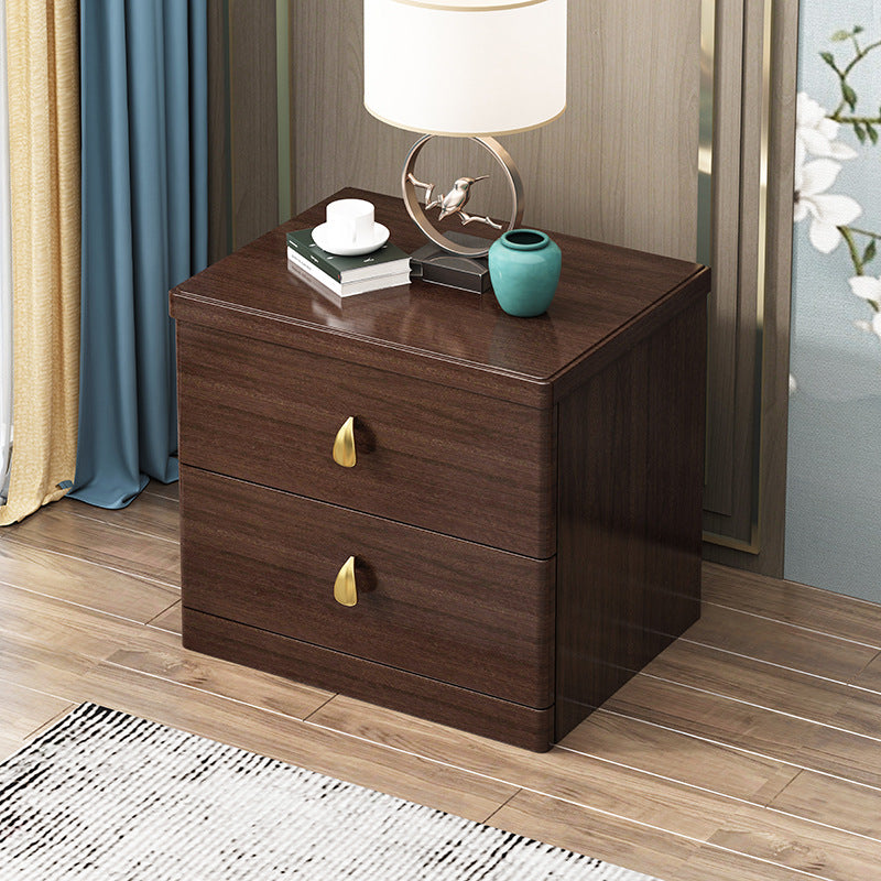 Traditional Chinese Rectangular Solid Wood Brass Nightstand 2-Drawer For Bedroom