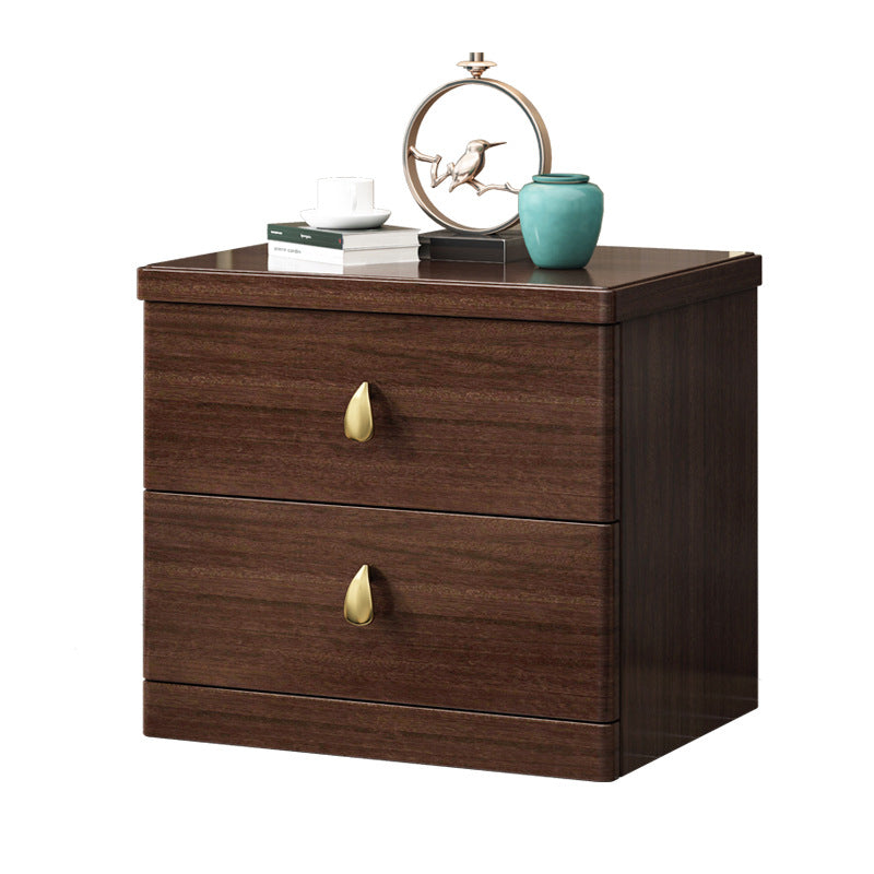 Traditional Chinese Rectangular Solid Wood Brass Nightstand 2-Drawer For Bedroom