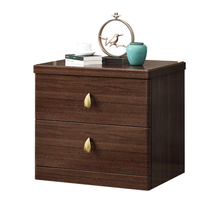 Traditional Chinese Rectangular Solid Wood Brass Nightstand 2-Drawer For Bedroom
