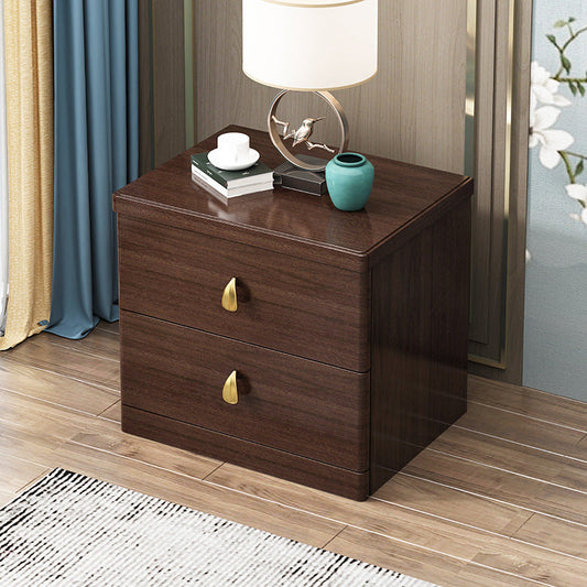 Traditional Chinese Rectangular Solid Wood Brass Nightstand 2-Drawer For Bedroom
