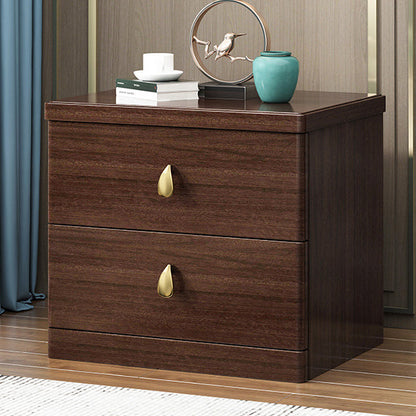 Traditional Chinese Rectangular Solid Wood Brass Nightstand 2-Drawer For Bedroom