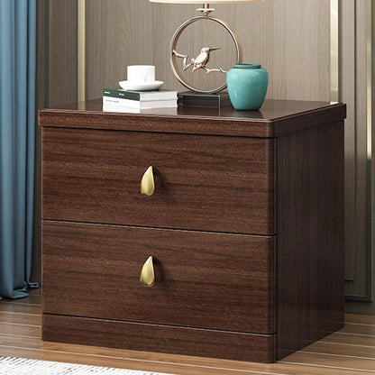 Traditional Chinese Rectangular Solid Wood Brass Nightstand 2-Drawer For Bedroom