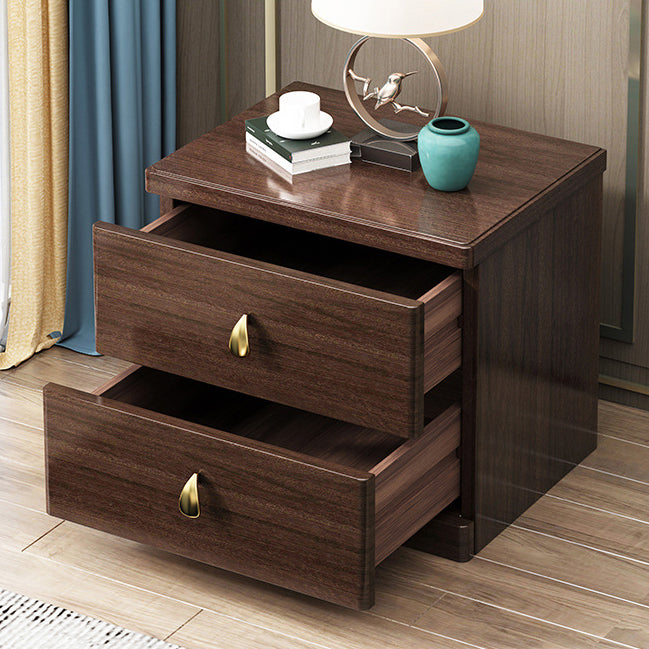 Traditional Chinese Rectangular Solid Wood Brass Nightstand 2-Drawer For Bedroom