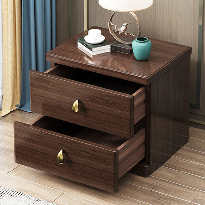 Traditional Chinese Rectangular Solid Wood Brass Nightstand 2-Drawer For Bedroom