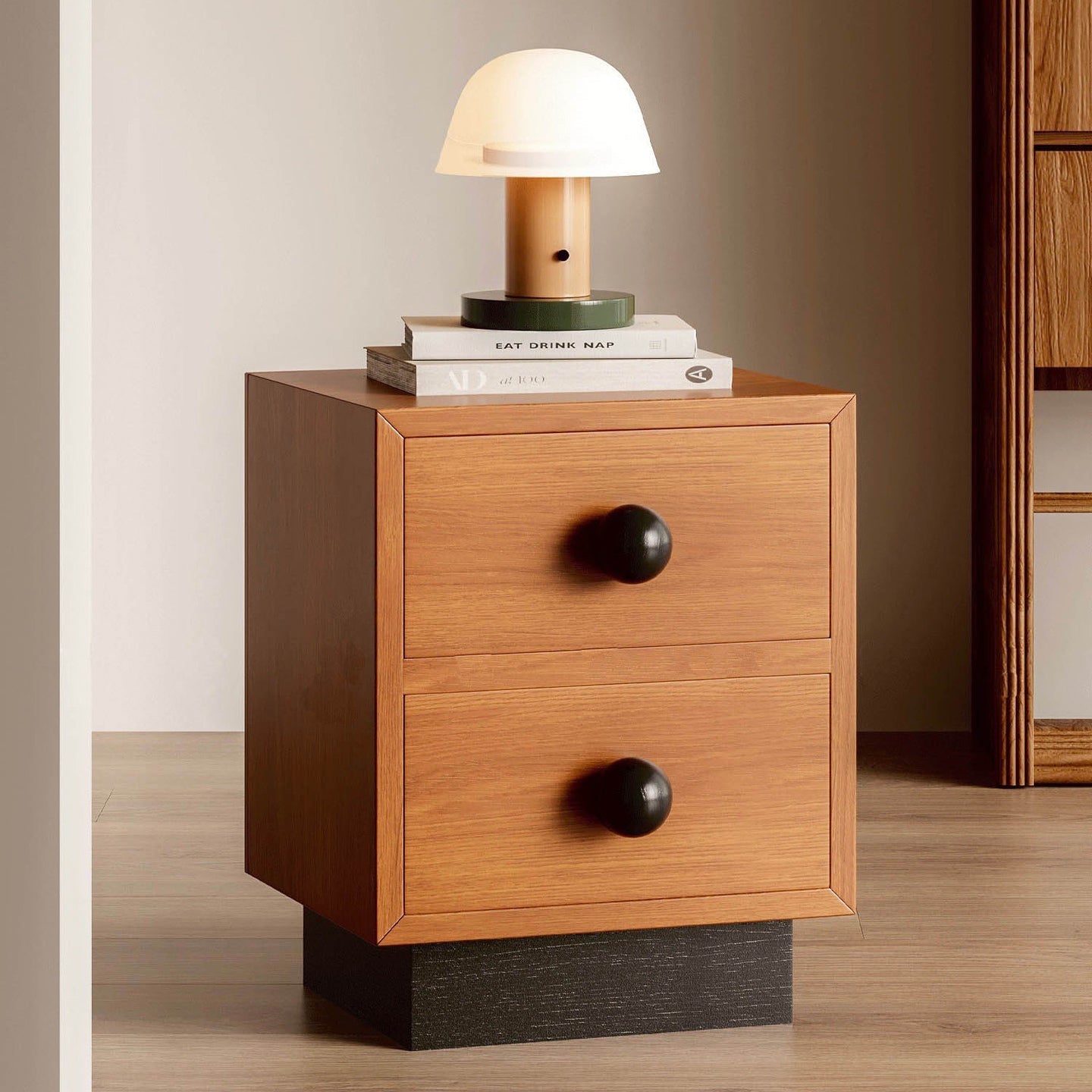 Modern Mid-Century Square Tabletop Solid Wood Nightstand 2-Drawer For Bedroom