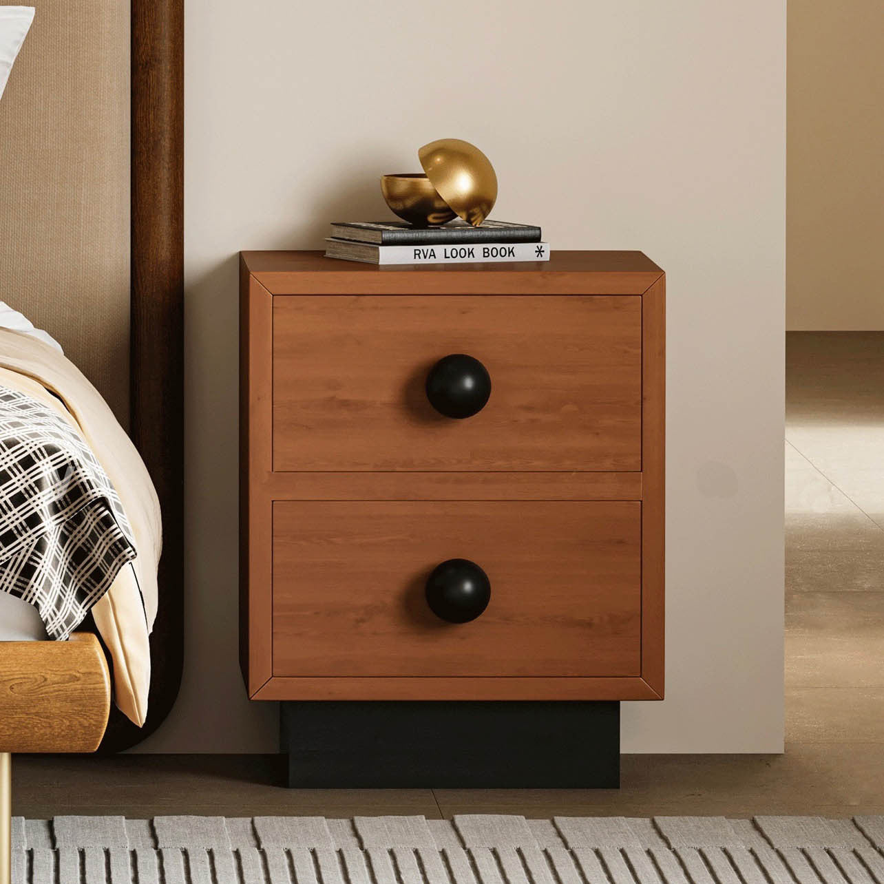 Modern Mid-Century Square Tabletop Solid Wood Nightstand 2-Drawer For Bedroom