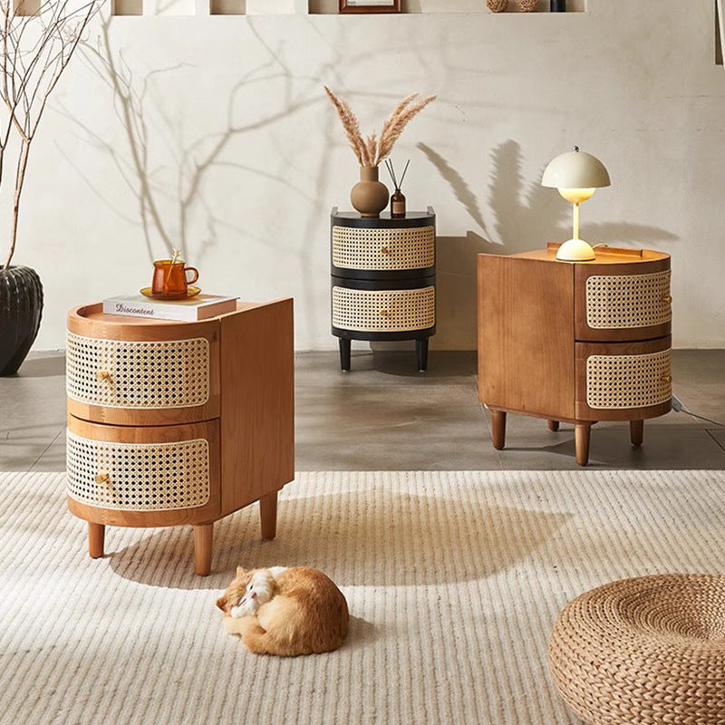 Traditional Japanese Oval Ash Rattan Nightstand 2-Drawer For Bedroom