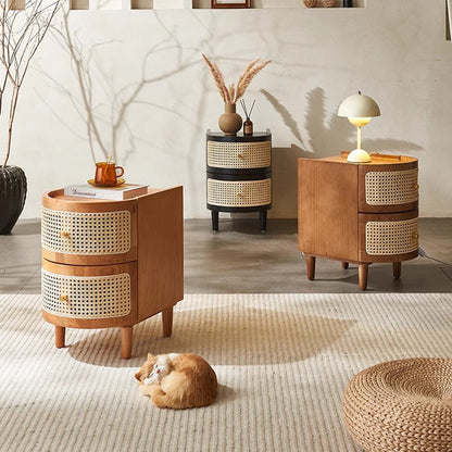 Traditional Japanese Oval Ash Rattan Nightstand 2-Drawer For Bedroom