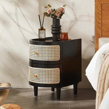 Traditional Japanese Oval Ash Rattan Nightstand 2-Drawer For Bedroom