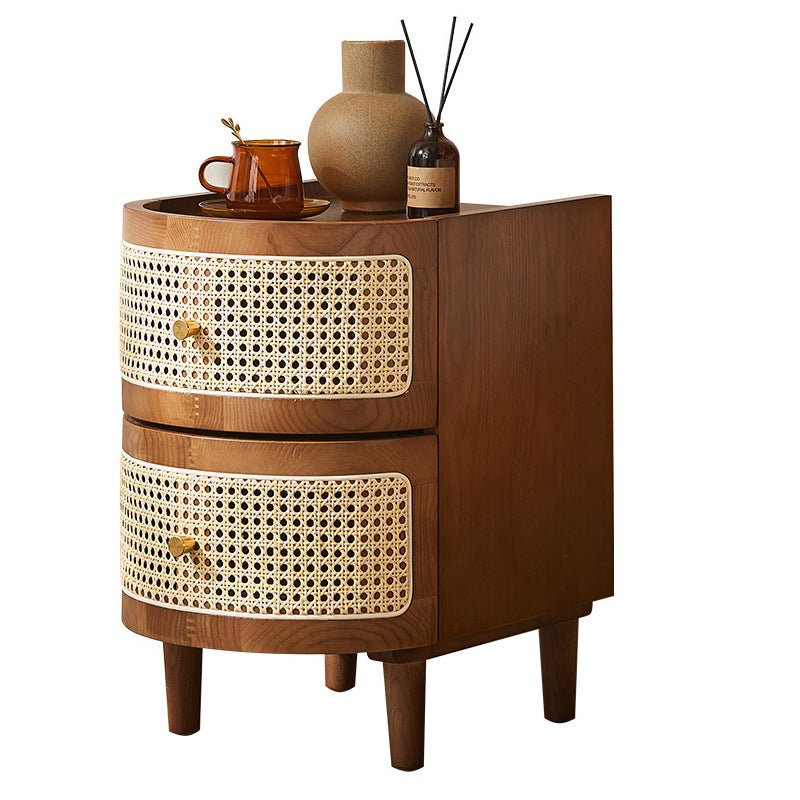 Traditional Japanese Oval Ash Rattan Nightstand 2-Drawer For Bedroom