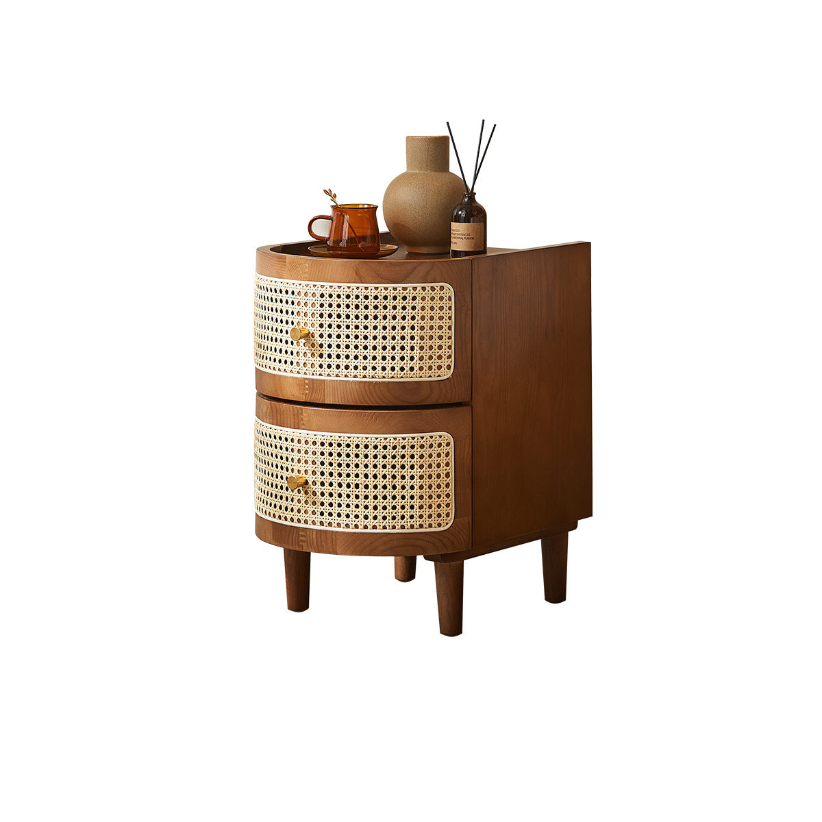 Traditional Japanese Oval Ash Rattan Nightstand 2-Drawer For Bedroom