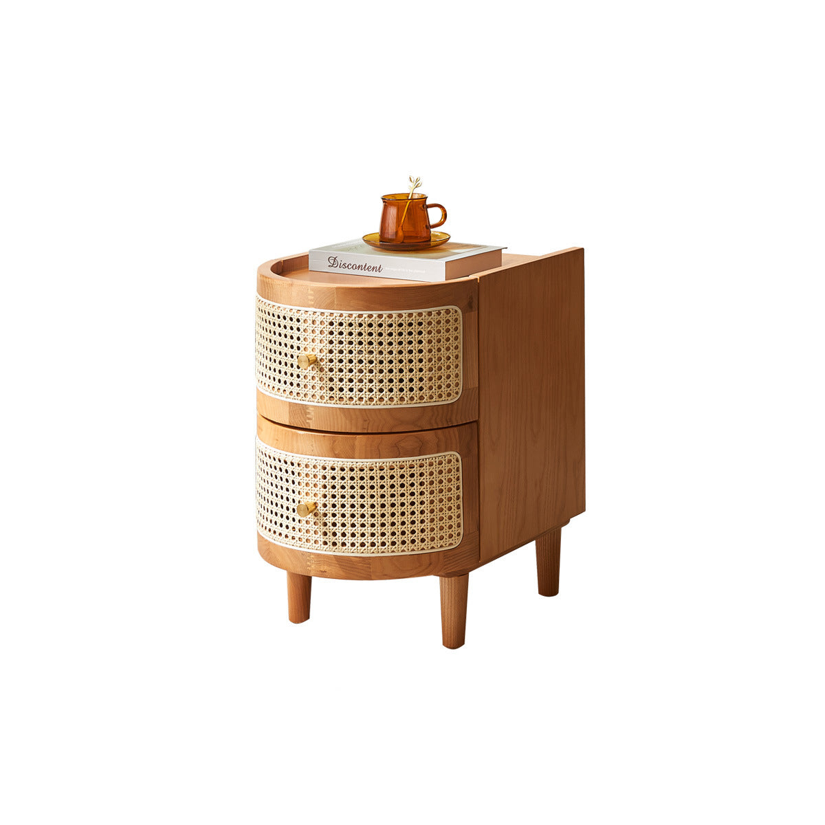 Traditional Japanese Oval Ash Rattan Nightstand 2-Drawer For Bedroom