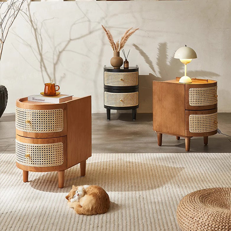 Traditional Japanese Oval Ash Rattan Nightstand 2-Drawer For Bedroom