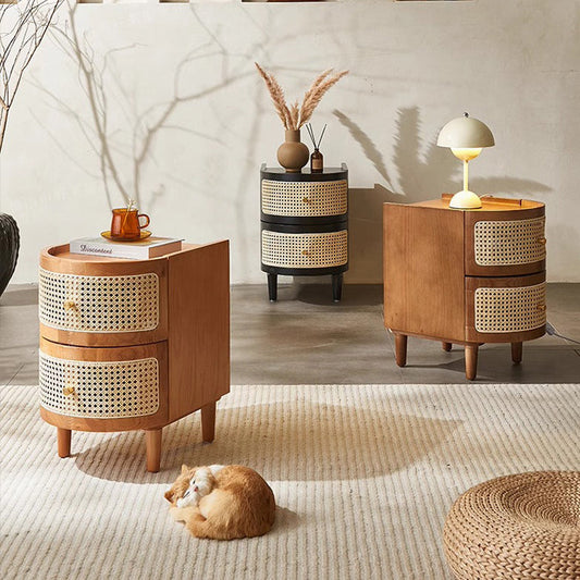 Traditional Japanese Oval Ash Rattan Nightstand 2-Drawer For Bedroom