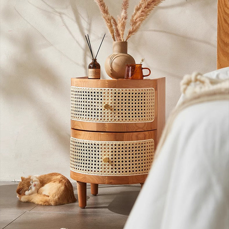 Traditional Japanese Oval Ash Rattan Nightstand 2-Drawer For Bedroom