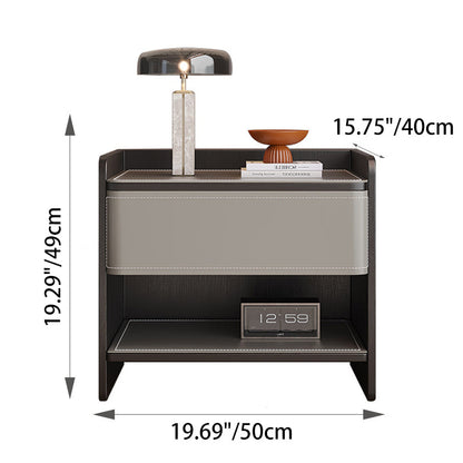 Contemporary Coastal Rectangular Solid Wood Faux Saddle Leather Nightstand 1-Drawer For Bedroom