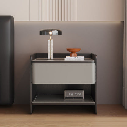 Contemporary Coastal Rectangular Solid Wood Faux Saddle Leather Nightstand 1-Drawer For Bedroom