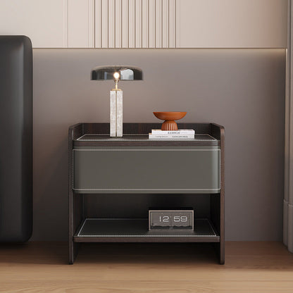 Contemporary Coastal Rectangular Solid Wood Faux Saddle Leather Nightstand 1-Drawer For Bedroom