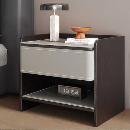 Contemporary Coastal Rectangular Solid Wood Faux Saddle Leather Nightstand 1-Drawer For Bedroom